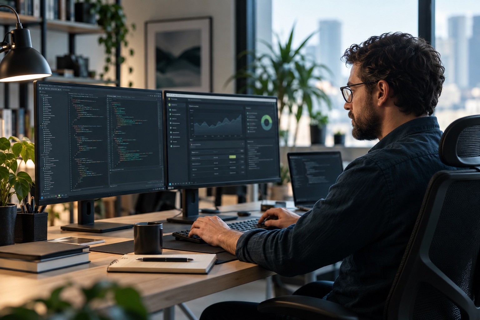 Software engineer working on an application at a multi-screen workstation