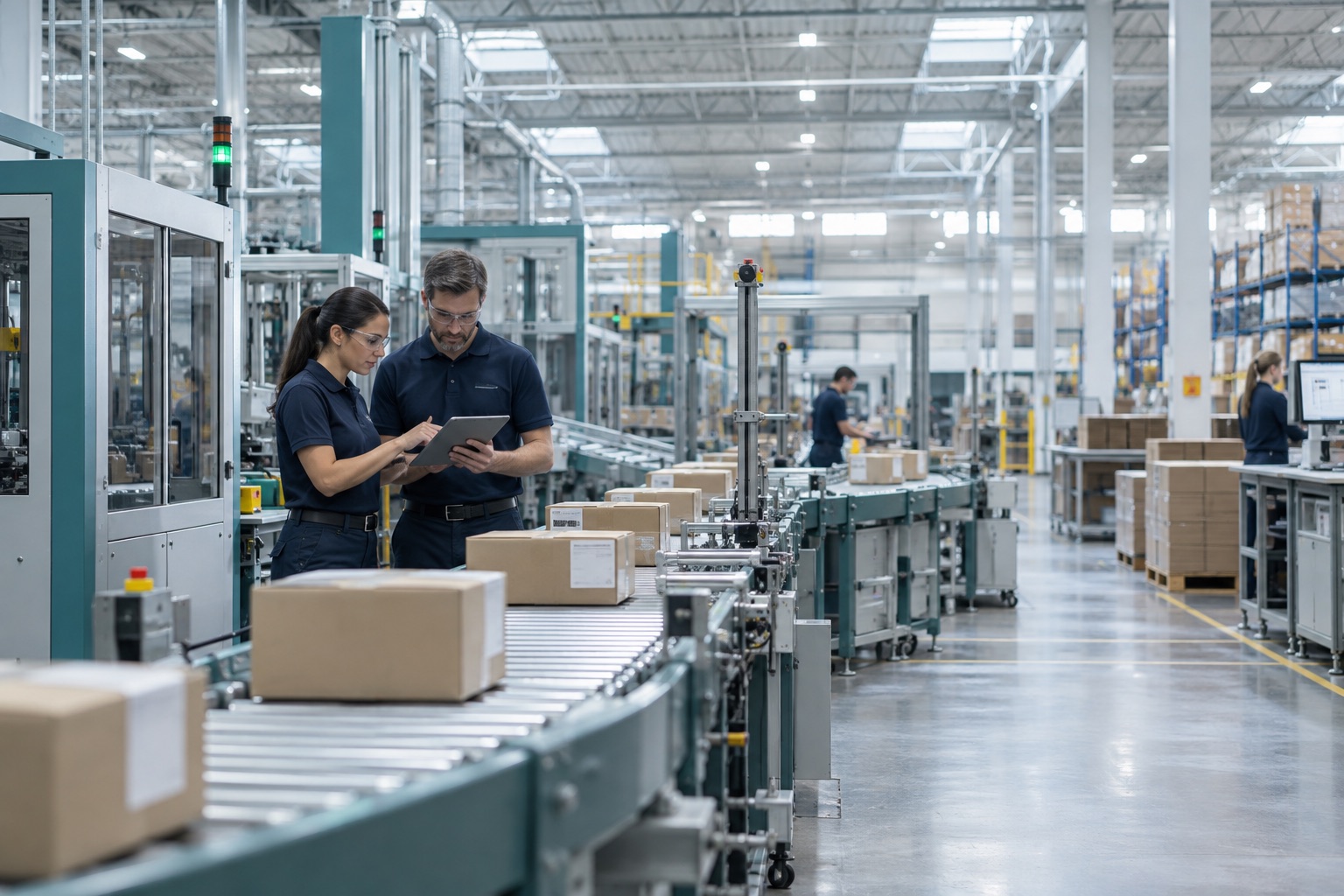 Technicians working with connected systems in a modern production environment