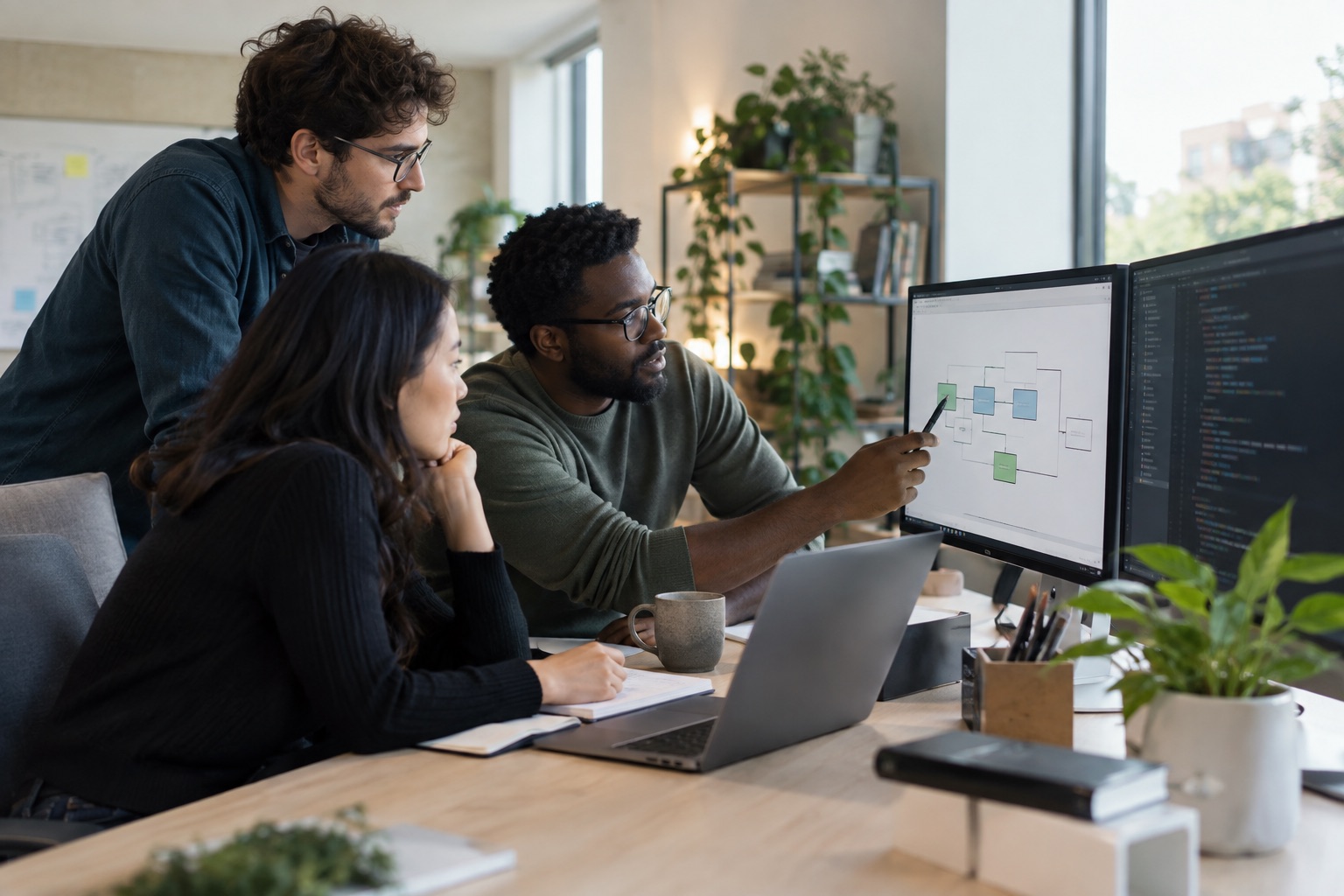 Software specialists collaborating around an engineering workstation