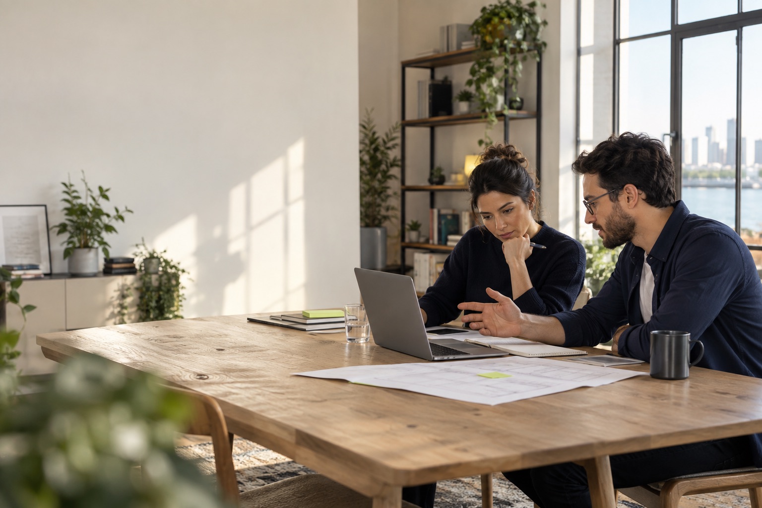 Two professionals discussing work in a bright contemporary workspace