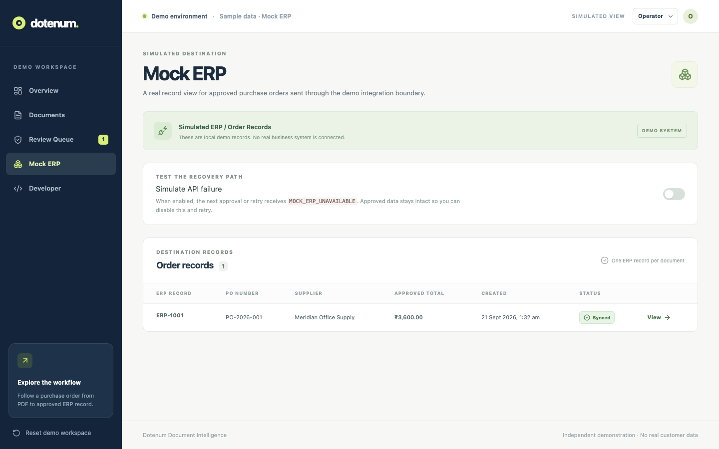 Simulated ERP: An approved record appears in the demo's mock business system.