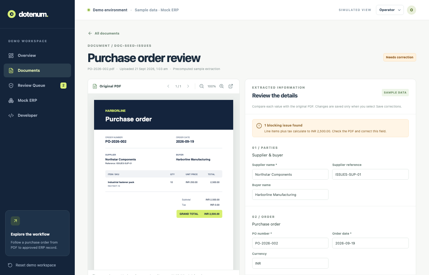 Actual review screen showing a sample purchase order, validation finding, and editable fields